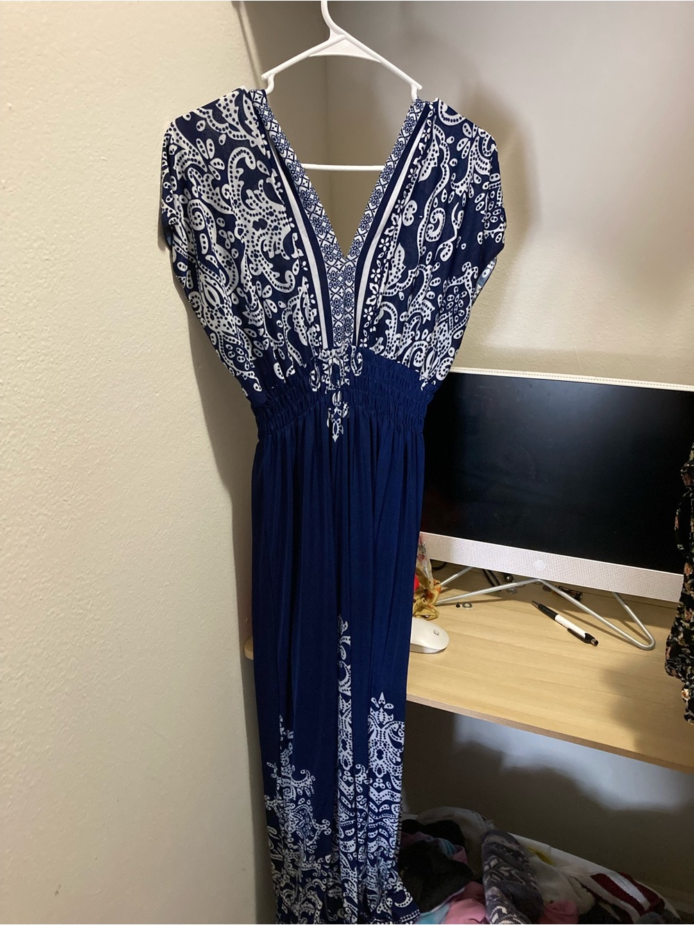 V-Neck Navy Paisley Maxi Dress with Smocked Waist
